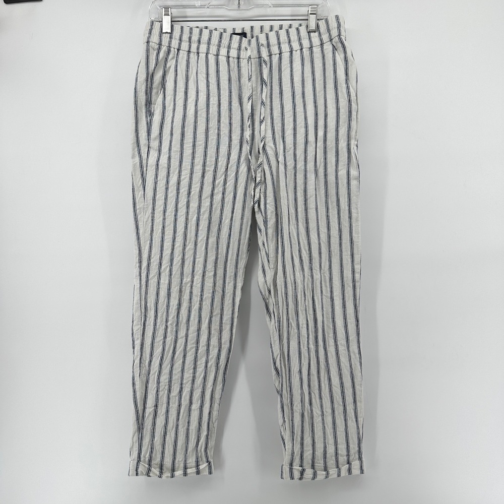 J.Crew Women 8 Navy White Striped Linen Cotton Pull On Drawstring Pants BR541